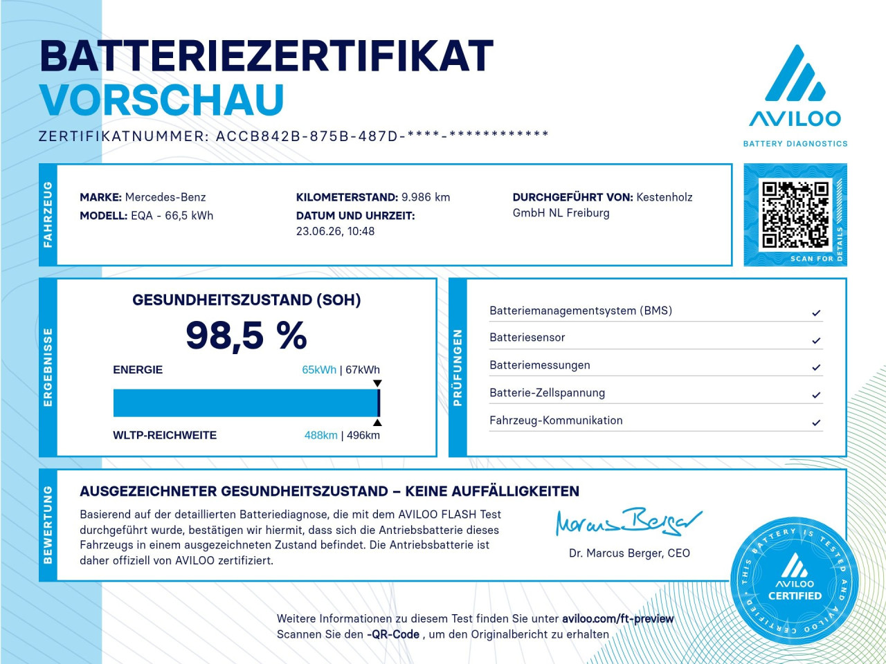Getriebe: AutomatikgetriebeDetailangaben f&uuml;r XEV Fahrzeug: Batterietechnologie: Lithium-Ionen,  Nutzbare Batteriekapazit&auml;t: 66,5kWh,  Ladezeit (in Minuten): 375 (10% bis 100%),  Schnellladezeit (in Minuten): 32 (10% bis 80%)Ausstattungspakete: Winterpaket,  Komfort Paket: Sitzkomfort-Paket,  Night-Paket,  Licht- und Sichtpaket,  SpiegelpaketAssistenzsysteme: Fernlichtassistent,  Aktiver Park-Assistent inkl. PARKTRONIC,  R&uuml;ckfahrkamera,  DISTRONIC,  Berganfahrhilfe,  Spracheingabesystem,  M&uuml;digkeitserkennung,  Spurhalteassistent mit aktivem Lenk-Assistent,  Fahrerassistenzpaket,  COLLISION PREVENTION ASSIST,  Verkehrszeichenerkennung m. Geschwindigkeitslimit-AssistentLicht und Sicht: LED-Scheinwerfer,  Tagfahrlicht,  Regensensor,  Automatisch abblendender Innenspiegel,  W&auml;rmeschutzverglasung,  Ambientebeleuchtung mehrfarbig,  LichtsensorAudio &amp; Kommunikation: MBUX,  Navigationssystem,  Radio,  Multi-Funktions-Display,  Digitaler Radioempfang DAB,  Soundsystem,  USB Anschluss,  Mercedes connect me,  Handyvorbereitung Bluetooth,  Android Auto u. Apple CarPlay,  Kabelloses Laden f&uuml;r Handys,  WLAN HotspotKomfort: Digitales Kombiinstrument,  Klimaautomatik,  Lordosenst&uuml;tze Fahrer/Beifahrer,  Sitzheizung Fahrer/Beifahrer,  Komfortsitze,  Armauflage hinten,  Servolenkung,  Lenks&auml;ule verstellbar,  HANDS-FREE ACCESS,  Start-Stopp System,  Zentralver. mit Fernbedienung,  Fensterheber elektrisch,  EASY-PACK Heckklappe,  DYNAMIC SELECT,  Getr&auml;nkehalter vornInterieur: Sitze Stoff Ledernachbildung ARTICO / Stoff Cupertino zweifarbig ros&eacute;gold / titangrau pearl,  Innenfarbe gold,  Multifunktions-Sport-/Lederlenkrad,  Lenkradheizung,  Bordcomputer,  R&uuml;cksitze klappbar,  Dekoreinlagen: 331 Zierelement hinterleuchtet, 56H Zierelemente Star Pattern hinterleuchtet,  Lenkrad-SchaltwippenExterieur: Touchscreen Bedienung,  Leichtmetallfelgen 18 Zoll,  Au&szlig;enspiegel elekt. anklappbar,  Dachreling: schwarz,  Reifenpannenset,  Notrufsystem,  Ladekabel Mode 3 (Typ 2/2),  Wechsel-/Gleichstromladesystem (AC/DC Laden),  Stauassistent,  FahrzeugpersonalisierungSicherheit: i-Size Kindersitzbefestigung,  Fu&szlig;g&auml;ngerschutzsystem,  Fahrer- /Beifahrerairbag,  Seitenairbag vorn und hinten,  Knieairbag Fahrer,  Traktionskontrolle,  Elektr. Stabilit&auml;tsprogramm ESP,  Reifendruckkontrolle,  Wegfahrsperre,  Au&szlig;entemperatur Anzeige,  Antiblockiersystem ABS,  Bremsverschlei&szlig;anzeige,  Proaktives Insassenschutzsystem,  Notbremsassistent,  Akustischer Umfeldschutz,  Totwinkel-AssistentWeitere Ausstattung: PTD Electric Art,  321 Fingerabdrucksensor,  39U Remote und Charging Services Premium,  PSJ Electric Art Advanced Plus,  Laderaum-Paket,  B05 ECO AssistentSonstige Ma&szlig;e und Gewichte: Nutzlast: 425 kg,  zul&auml;ssiges Gesamtgewicht: 2.470 kg,  Radstand: 2.729 mmIrrt&uuml;mer und &Auml;nderungen vorbehalten