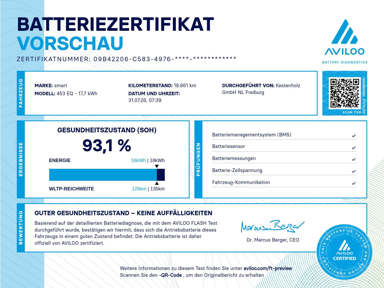 Getriebe: AutomatikgetriebeDetailangaben f&uuml;r XEV Fahrzeug: Batteriezustand: 93%Ausstattungspakete: Ausstattungspaket: Cool &amp; AudioAssistenzsysteme: Tempomat,  Berganfahrhilfe,  BremsassistentLicht und Sicht: LED-Tagfahrlicht,  ColorverglasungAudio &amp; Kommunikation: Radio: Premium m. Sounds. Bose USA, 505 Entry Radio mit touchscreen, C04 Digitales Radio DAB  f&uuml;r die Standards DAB DAB+ und DMB,  USB Anschluss,  Handyvorbereitung BluetoothKomfort: Klimaautomatik,  Fahrersitz h&ouml;henverstellbar,  Sitzheizung Fahrer/Beifahrer,  Lenks&auml;ule verstellbar,  Zentralver. mit Fernbedienung,  Fensterheber elektrisch 2-fachInterieur: Sitze Serienausstattung,  Bordcomputer,  LaderaumabdeckungExterieur: Leichtmetallfelgen 15 Zoll,  Au&szlig;enspiegel elekt. und beheizt,  Reifenpannenset,  GeschwindigkeitsbegrenzerSicherheit: i-Size Kindersitzbefestigung,  Fahrer- /Beifahrerairbag,  Seitenairbag vorn,  Knieairbag Fahrer,  Traktionskontrolle,  Reifendruckverlust-Warnung,  Wegfahrsperre,  Antiblockiersystem ABSWeitere Ausstattung: B53 Fu&szlig;g&auml;ngersound,  426 Getriebe AUTOTRONIC,  908 Bordlader 22kW,  B48 Anh&auml;ngerbremse,  2-Leitung,  Kupplungsk&ouml;pfe unten,  B49 Zusatzluftbeh&auml;lter,  B51 Pannenset  mit Luftkompressor und Dichtmittel,  B52 Bremsanschl&uuml;sse,  2-Leitung (EG),  C65 Stossf&auml;nger,  FC R&uuml;ckfahrwarner,  K35 Kombiinstrument mit monochromem Display  in LCD-Technologie und Bordc,  L (DIALOG-Code fuer interne Verwendung),  P23 Music Plus Package,  P53 Passion plus Paket Japan,  R35 Stahlfelgen 185/50 R15,  S38 Polsterung in Lerderoptik schwarzSonstige Ma&szlig;e und Gewichte: zul&auml;ssiges Gesamtgewicht: 1.310 kgIrrt&uuml;mer und &Auml;nderungen vorbehalten